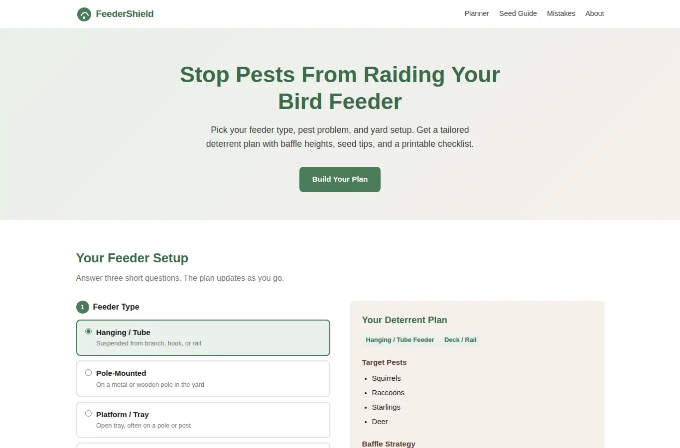 Screenshot of FeederShield: Bird Feeder Pest Deterrent Planner interface showing the project page in use